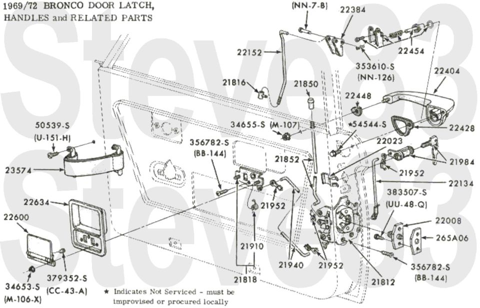 '69-72 Bronco door latch, handles and related parts exploded breakdown with part numbers