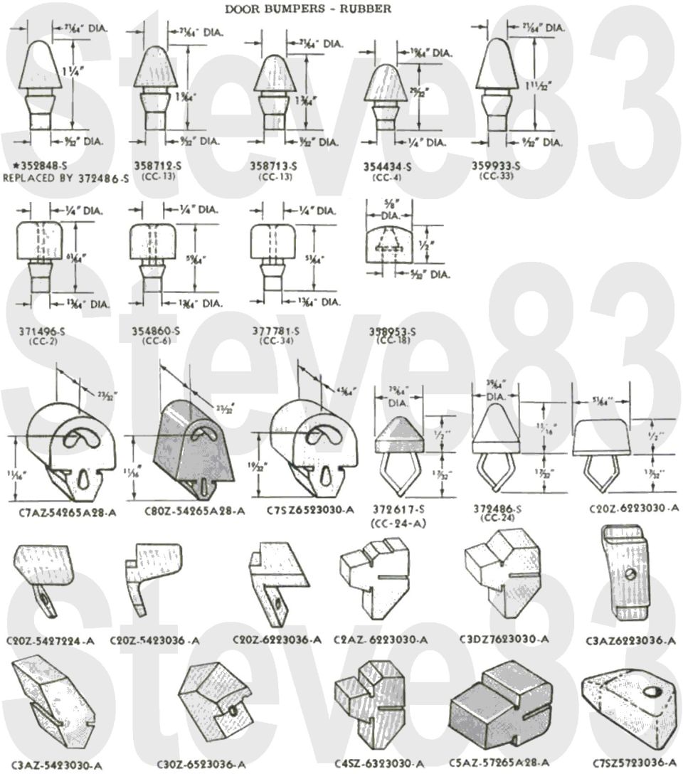 Ford rubber door bumper chart with dimensions and part numbers for each style