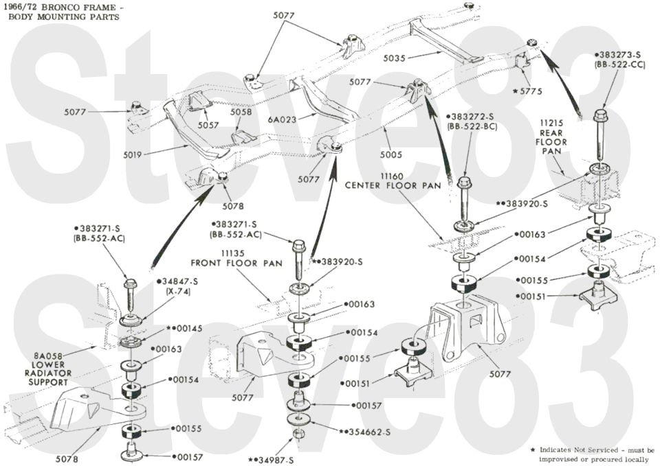 '66-72 Bronco frame and body mounting parts with cushion stacks and part numbers