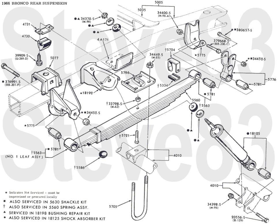 1966 Bronco rear suspension exploded parts diagram with part numbers, watermarked Steve83