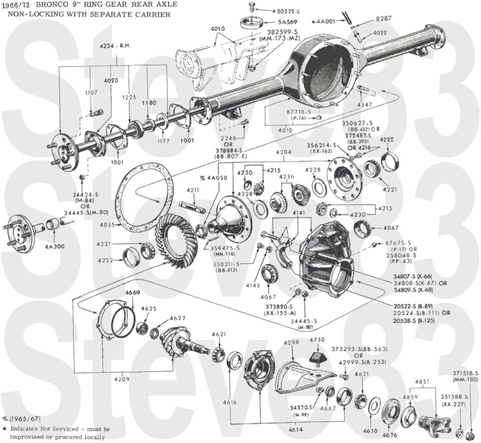 '66-72 Bronco 9" ring gear non-locking rear axle with separate carrier exploded parts breakdown