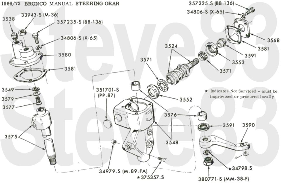 '66-72 Bronco manual steering gear exploded parts breakdown with part numbers