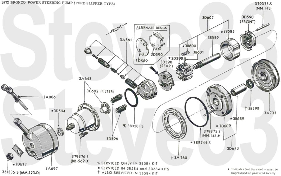 1972 Bronco power steering pump Ford slipper type exploded parts diagram