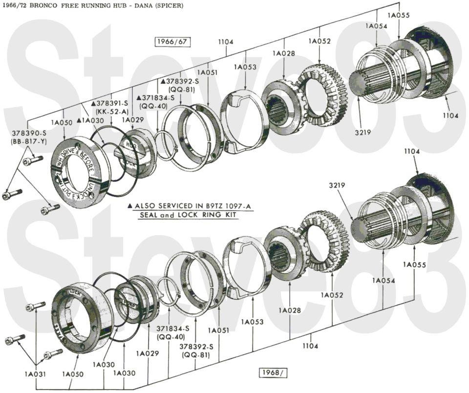 '66-72 Bronco Dana (Spicer) free running hub exploded parts for 1966/67 and 1968/ with part numbers