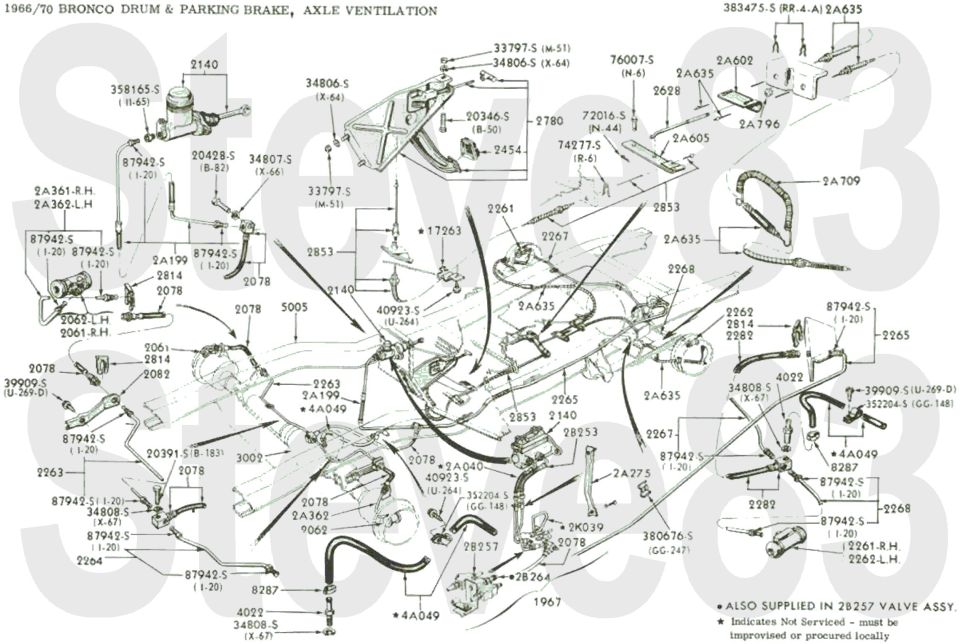 1966-70 Bronco drum and parking brake, axle ventilation parts diagram