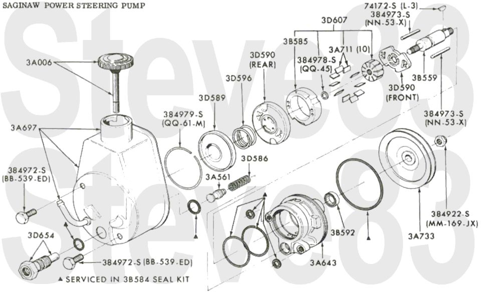 Saginaw power steering pump exploded parts diagram with seal kit