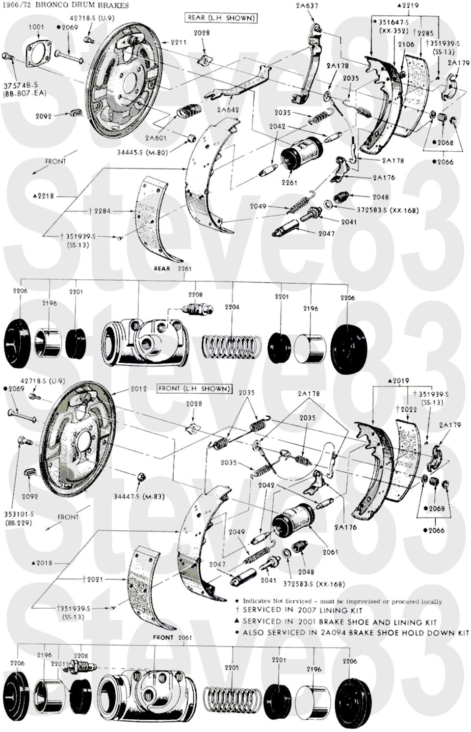 Exploded diagram of 1966-72 Bronco drum brakes with numbered part callouts