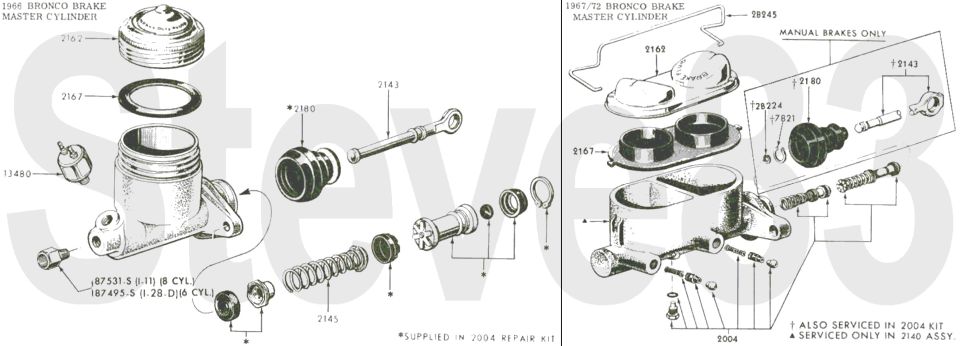 '66 and '67-72 Bronco brake master cylinder exploded diagrams with Ford part numbers