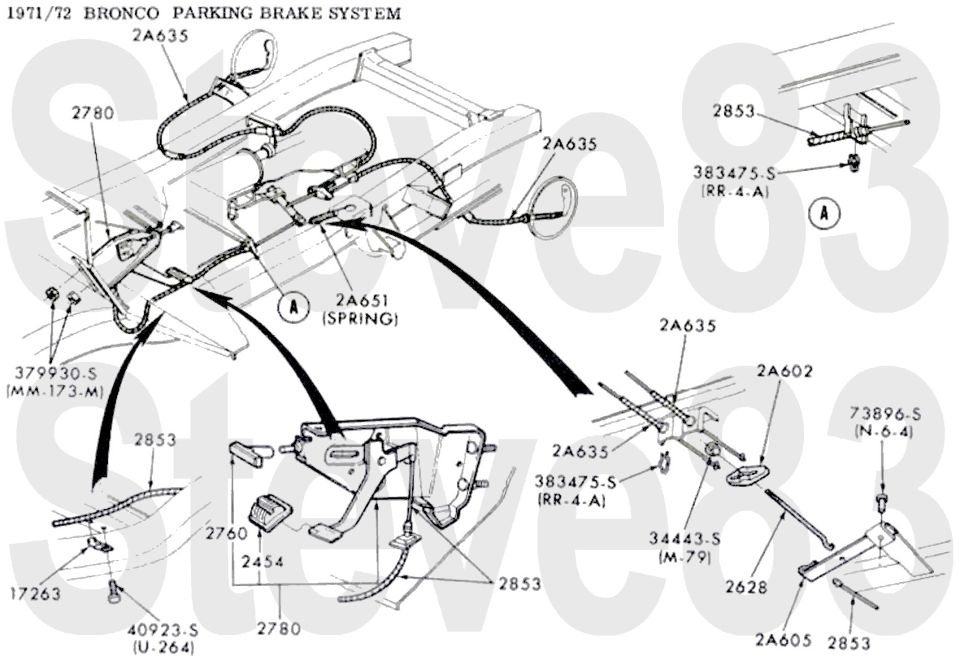 '71-72 Bronco parking brake system exploded diagram with cables, pedal and part numbers
