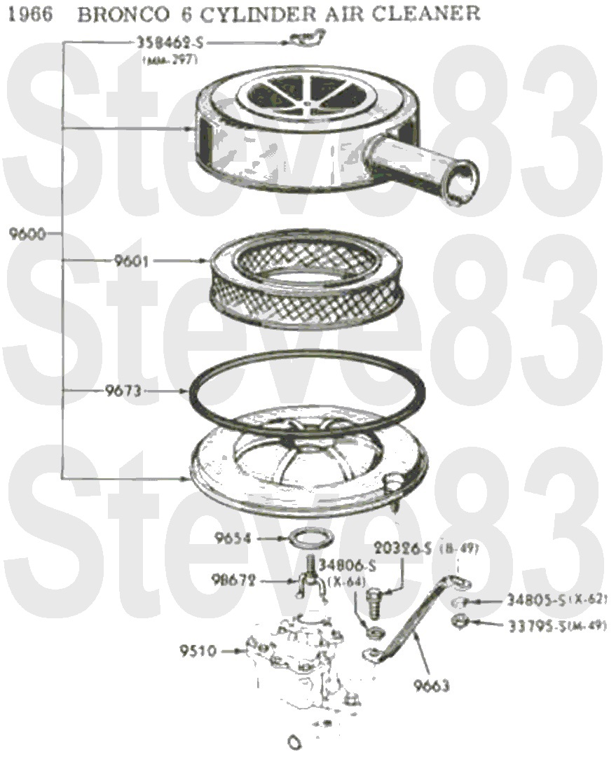 '66 Bronco six-cylinder air cleaner exploded diagram with Ford part numbers