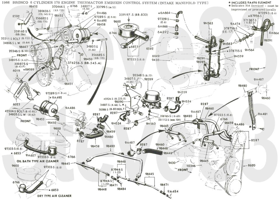 '66 Bronco 170 six Thermactor emission system exploded diagram, intake manifold type