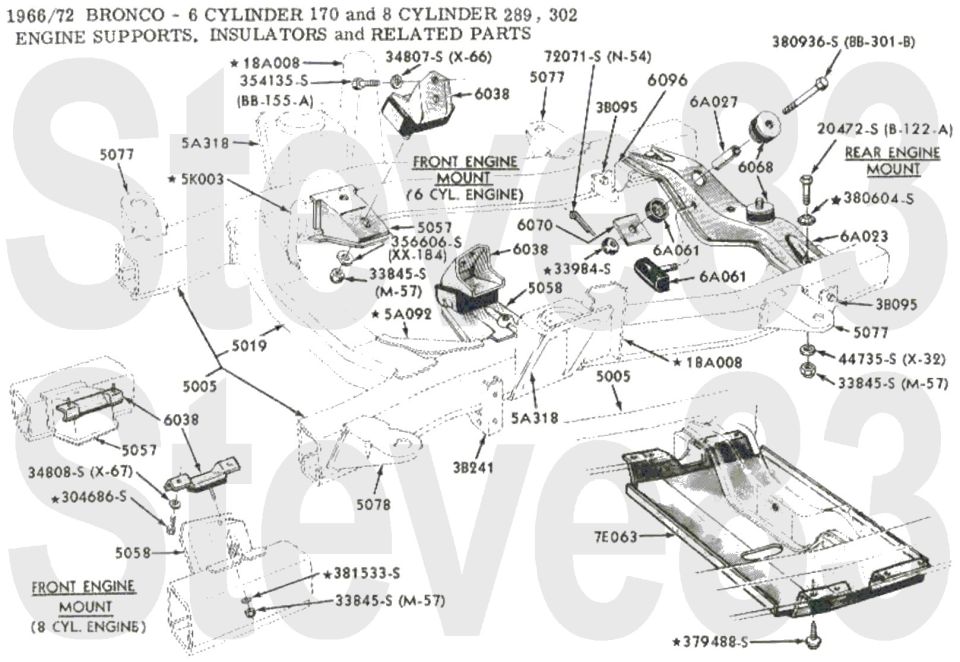 '66-72 Bronco 170 six and 289, 302 V8 engine supports and insulators exploded diagram