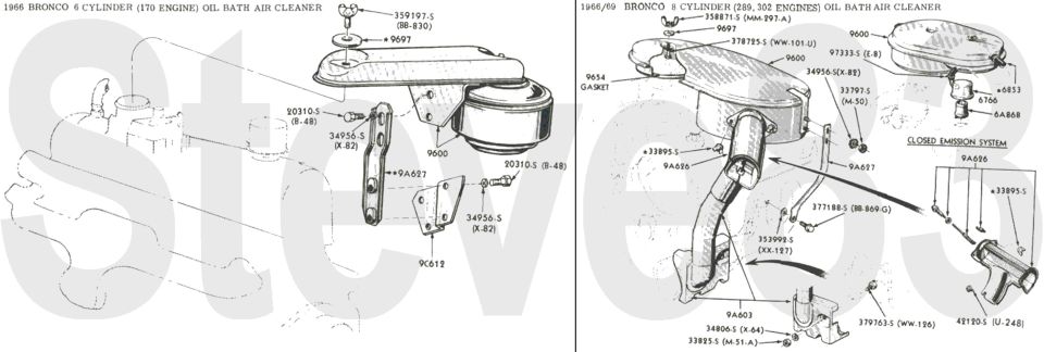 '66 Bronco 170 six and '66-69 289, 302 V8 oil bath air cleaner exploded diagrams
