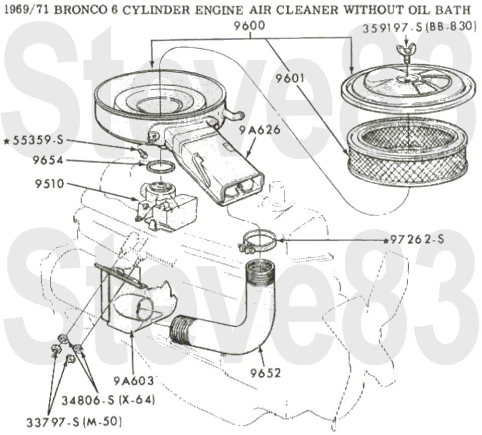 '69-71 Bronco six-cylinder air cleaner without oil bath exploded diagram with part numbers