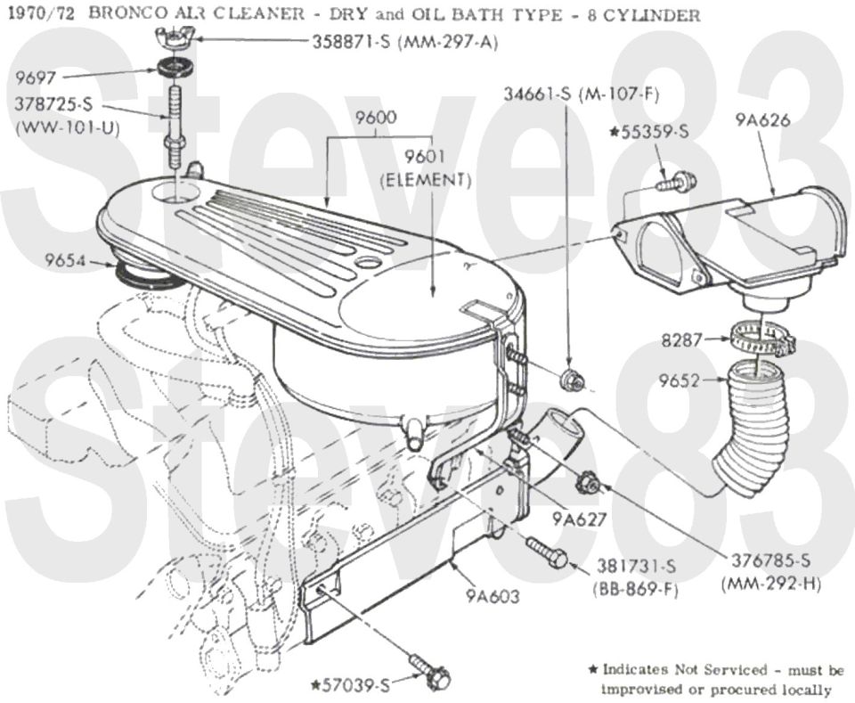 '70-72 Bronco V8 dry and oil bath air cleaner exploded diagram with part numbers