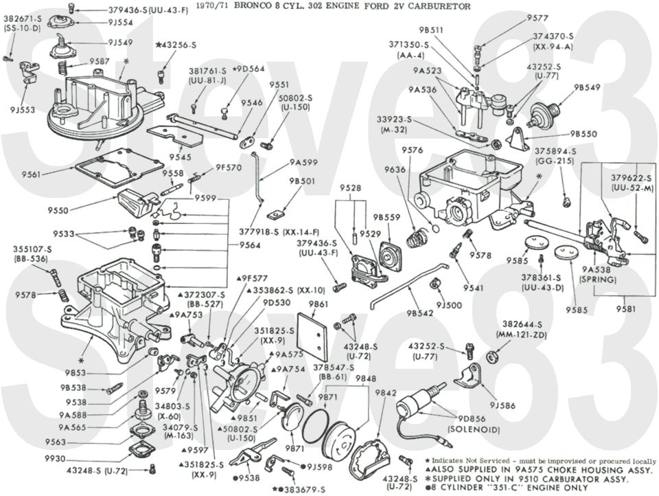 '70-71 Bronco 302 V8 Ford 2V carburetor exploded diagram with part numbers