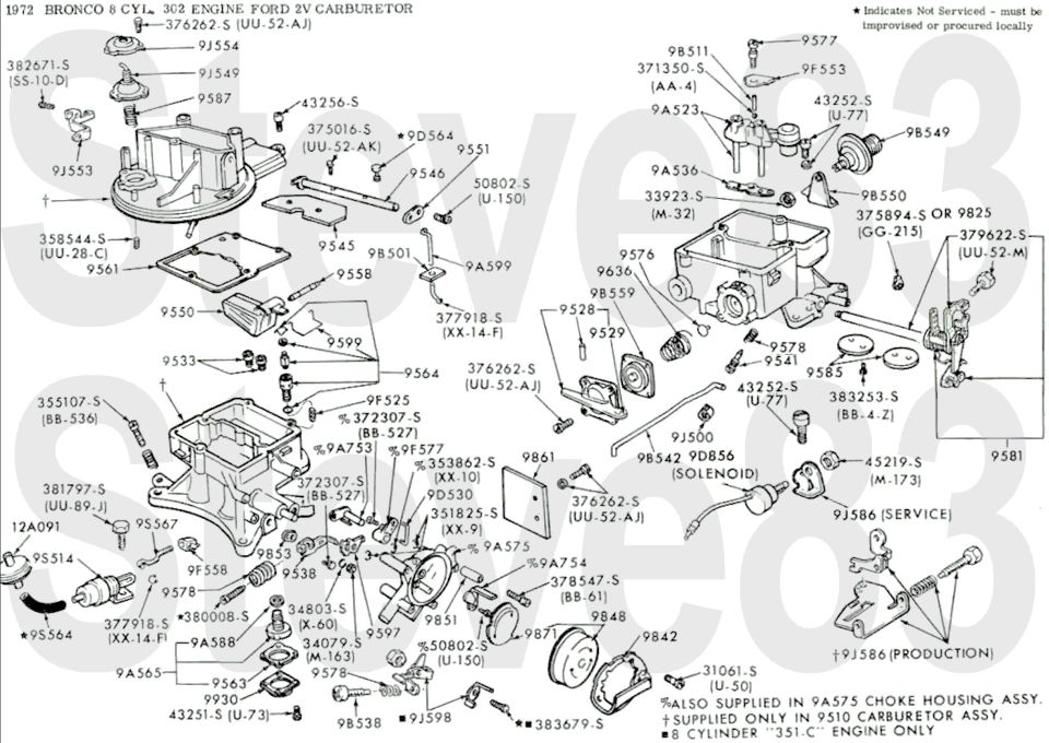 '72 Bronco 302 V8 Ford 2V carburetor exploded diagram with part numbers