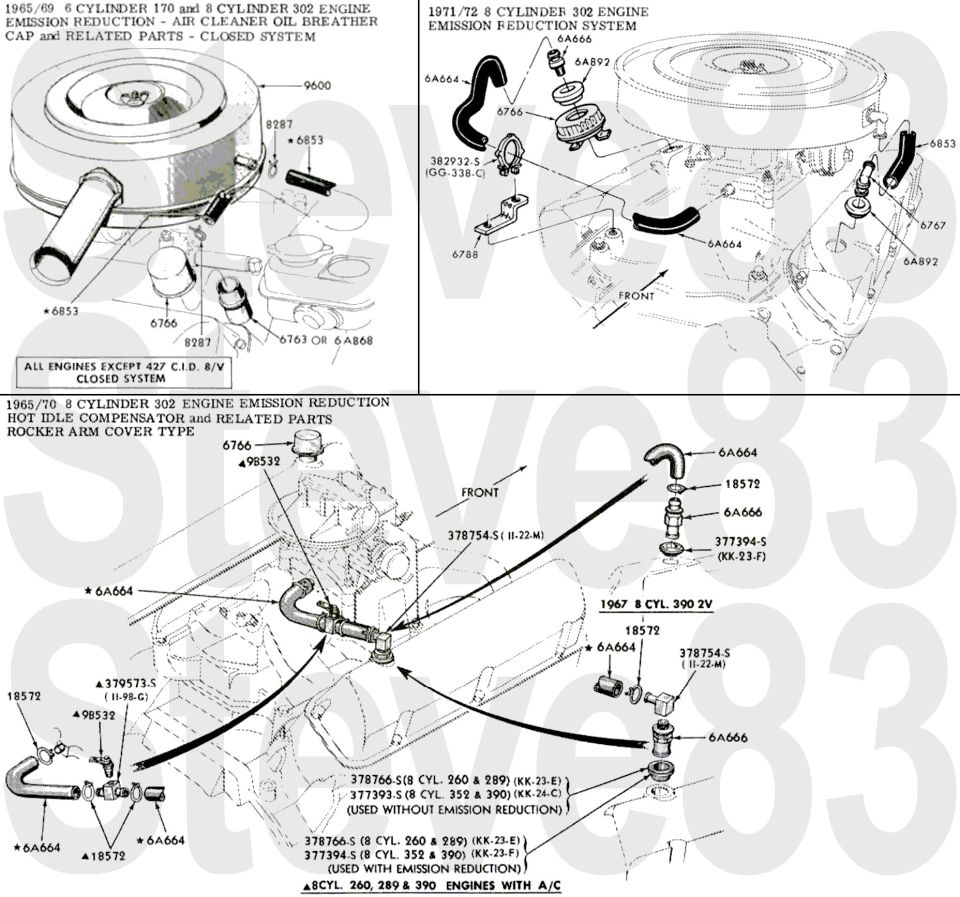 '65-72 302 V8 emission reduction breather and hot idle compensator diagrams with part numbers
