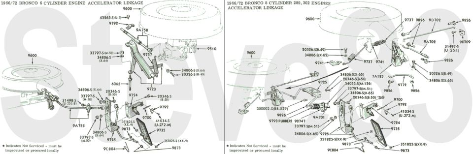 '66-72 Bronco six-cylinder and 289, 302 V8 accelerator linkage exploded diagrams