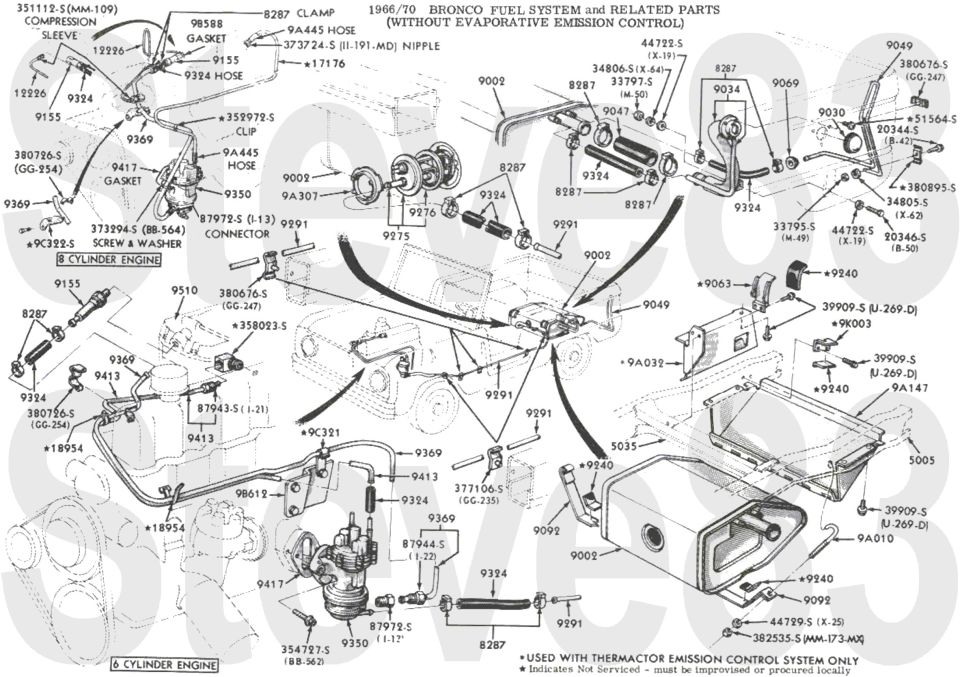 '66-70 Bronco fuel system exploded parts breakdown without evaporative emission control