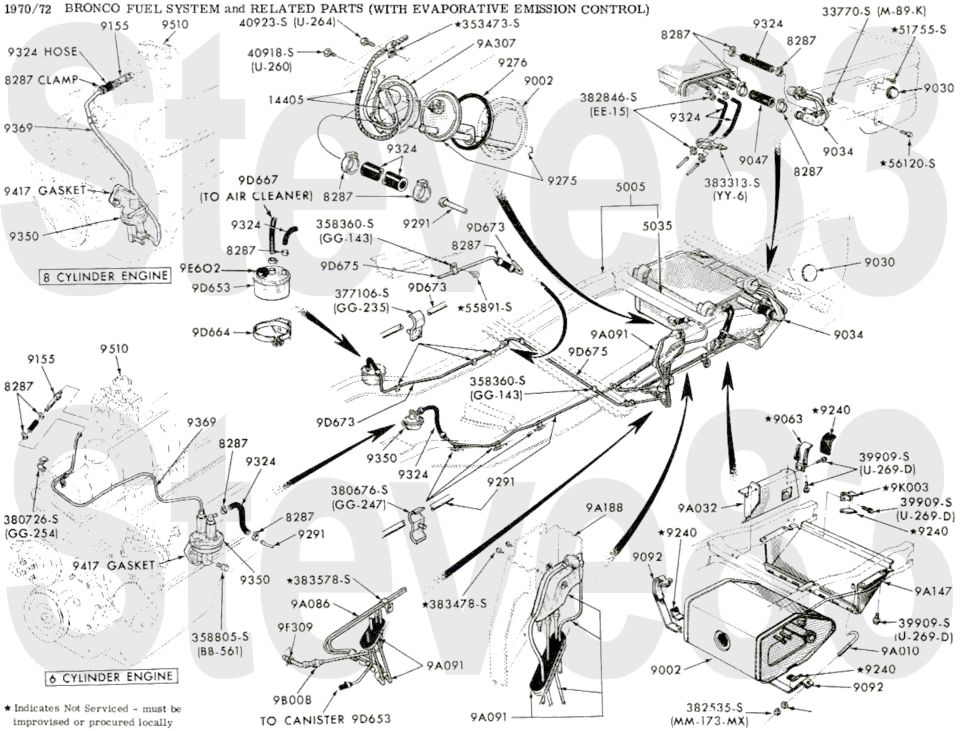 '70-72 Bronco fuel system exploded parts breakdown with evaporative emission control