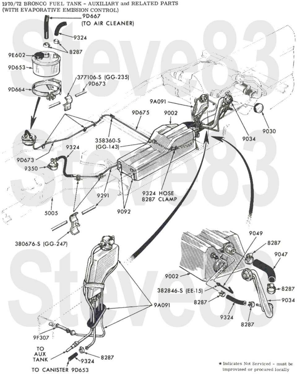 '70-72 Bronco auxiliary fuel tank exploded parts breakdown with evaporative emission control