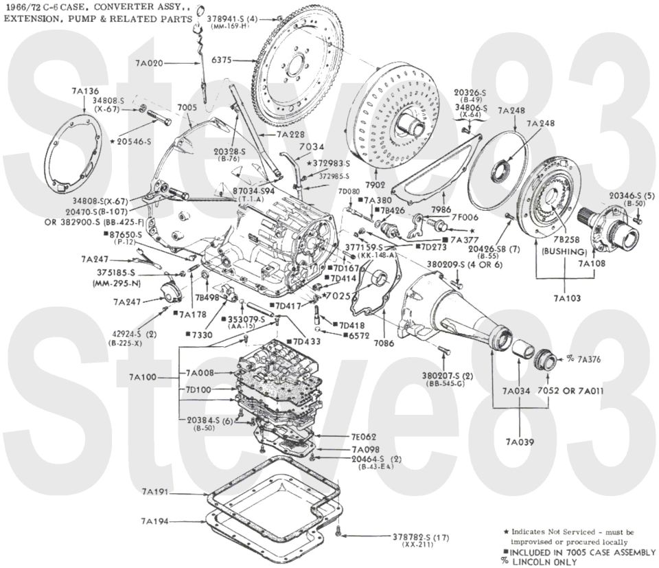 '66-72 C-6 case, converter, extension and pump exploded parts breakdown with part numbers