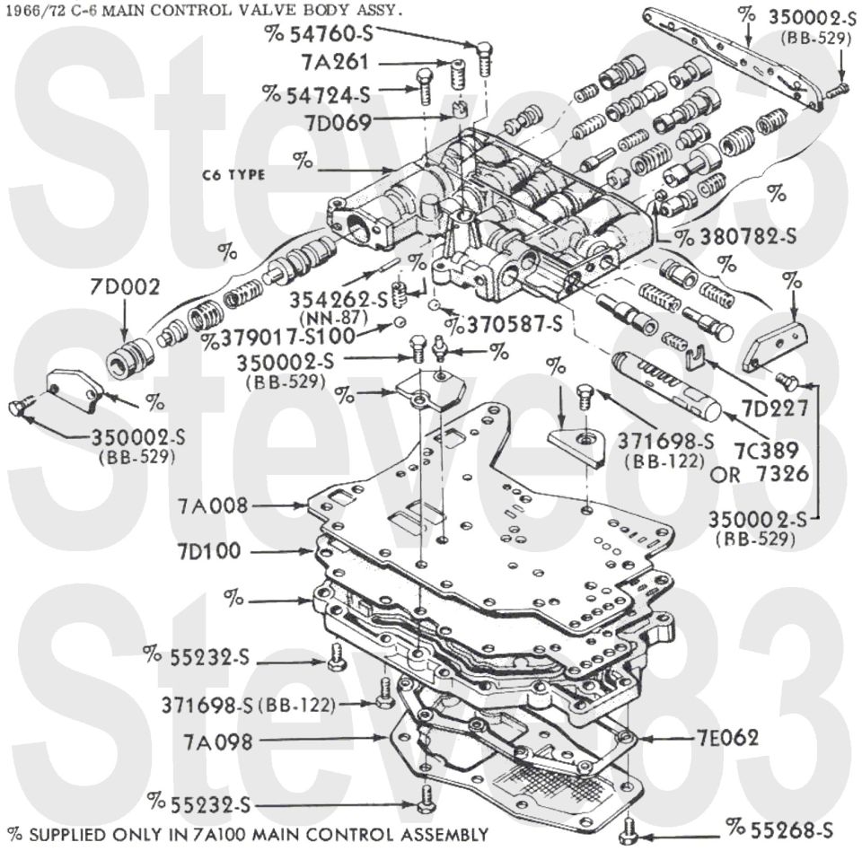 '66-72 C-6 main control valve body exploded parts breakdown with part numbers