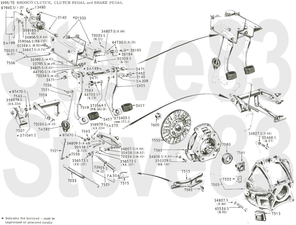 '66-72 Bronco clutch, clutch pedal and brake pedal exploded parts breakdown