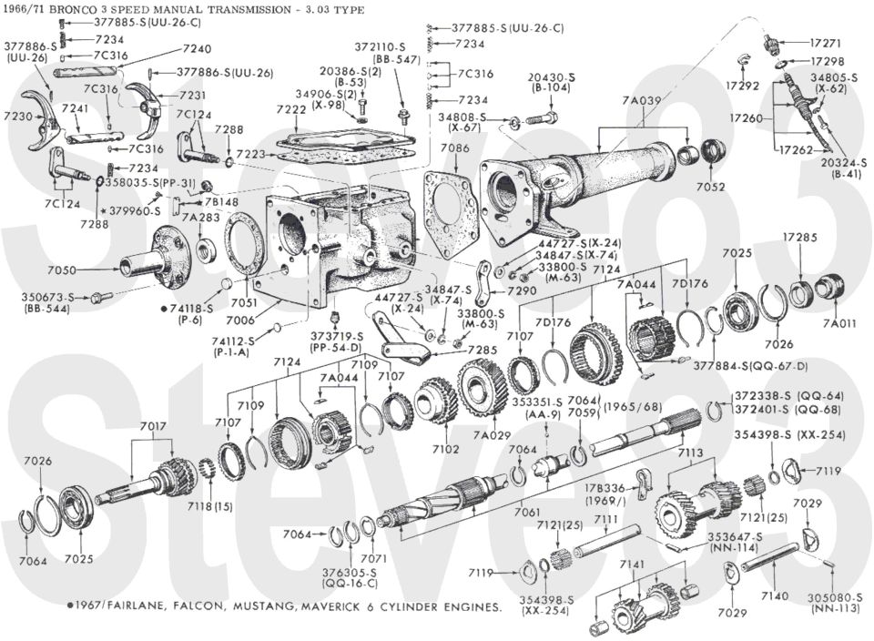 '66-71 Bronco 3-speed manual transmission 3.03 type exploded parts breakdown