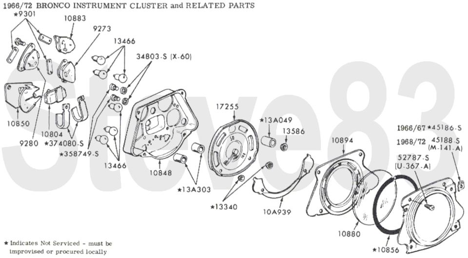 '66-72 Bronco instrument cluster exploded parts breakdown with part numbers