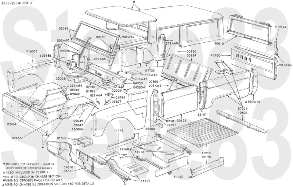 '66-72 Bronco body sheet metal exploded parts breakdown with part numbers