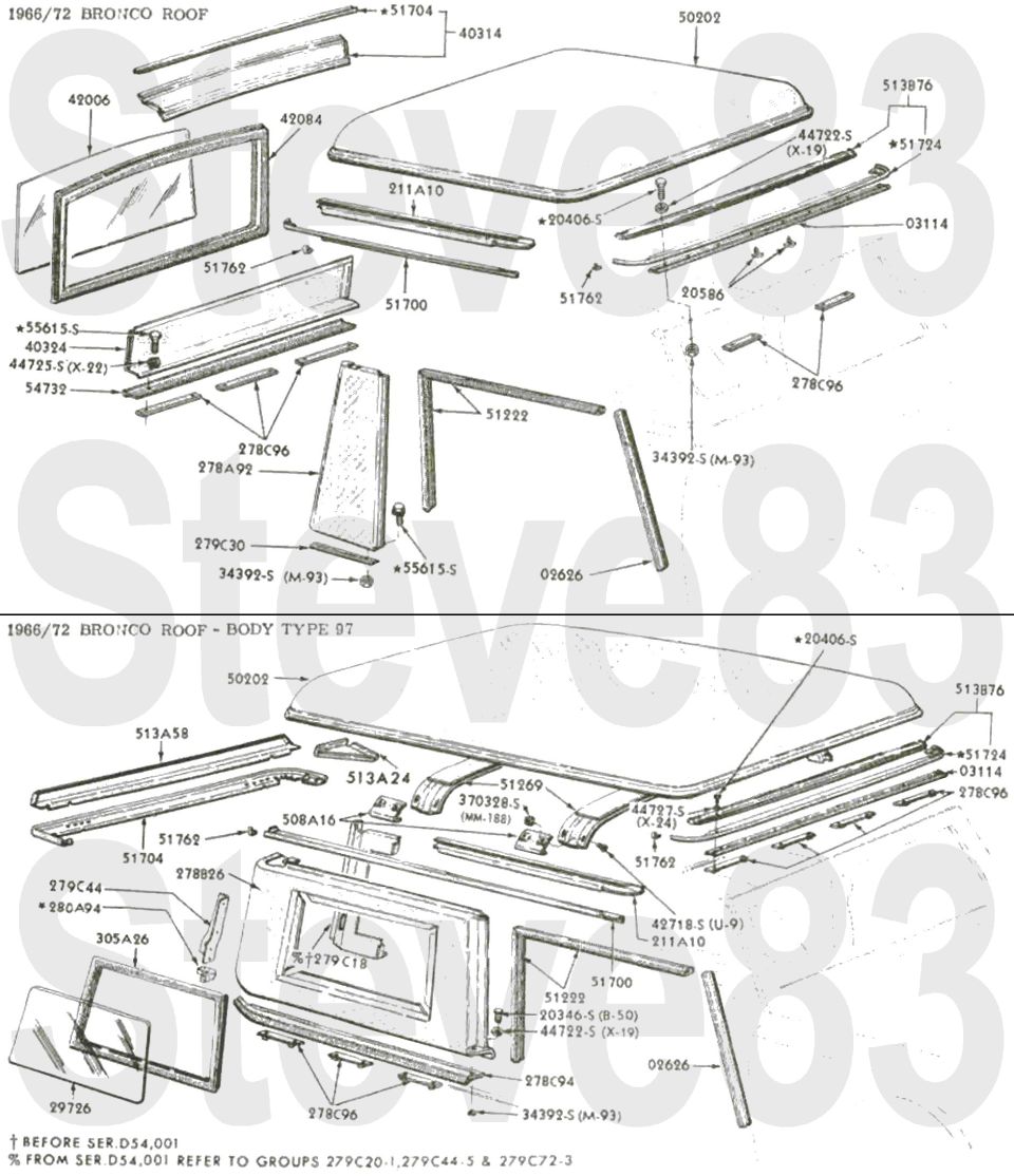 '66-72 Bronco roof and body type 97 roof exploded parts breakdown with part numbers