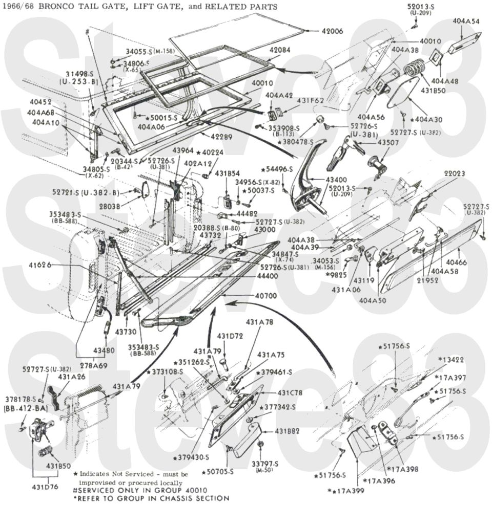 '66-68 Bronco tailgate and liftgate exploded parts diagram with part number callouts