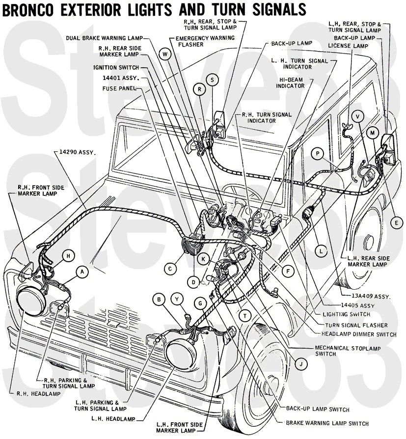 Bronco exterior lights and turn signals wiring diagram with lettered harness callouts
