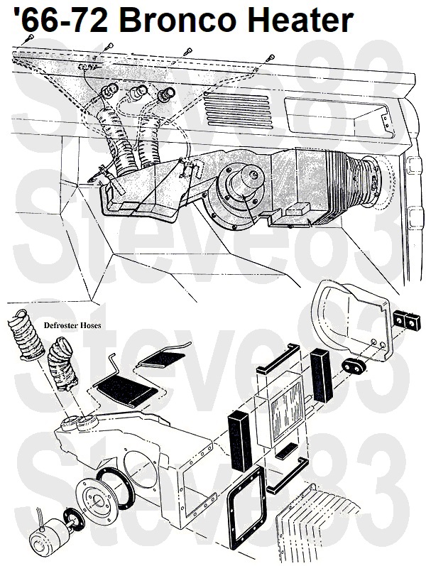 '66-72 Bronco heater installation and exploded heater assembly diagram with defroster hoses