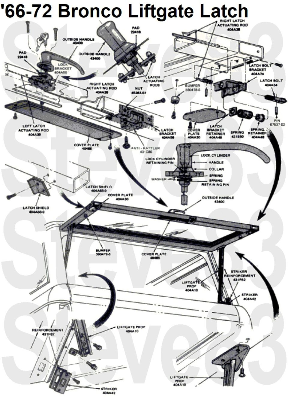 '66-72 Ford Bronco liftgate latch exploded parts diagram with part numbers