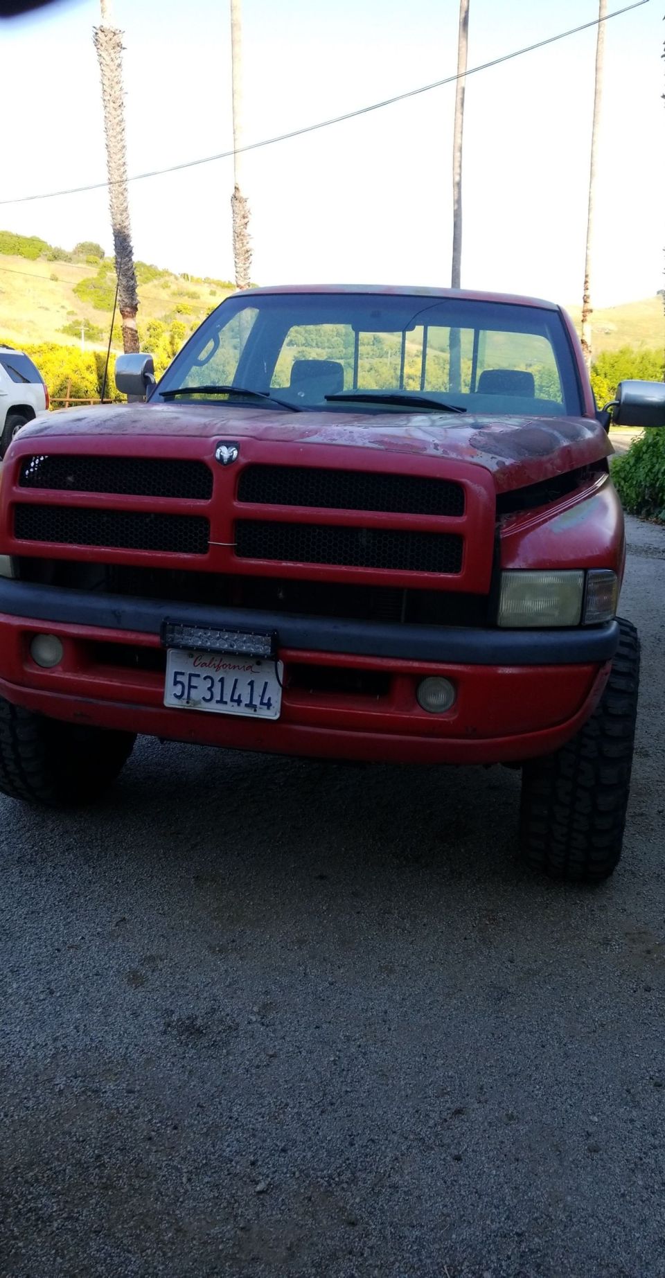 Red Dodge Ram pickup truck, front view, with a black grille and license plate 5F31414