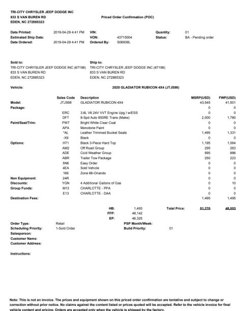 2000 Ford Crown Victoria - This document details the pricing and options for a 2020 Jeep Gladiator Rubicon 4x4.
