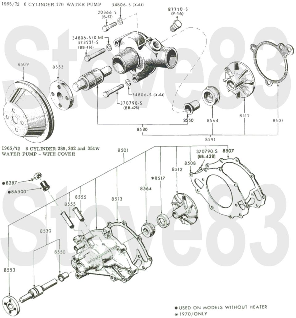 '65-72 170 six and 289, 302, 351W V8 water pump exploded parts diagrams with part numbers