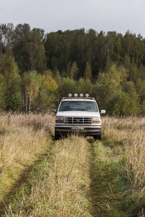 1993 Ford Bronco - A white Ford Bronco is seen from the front, parked in a field with trees in the background.