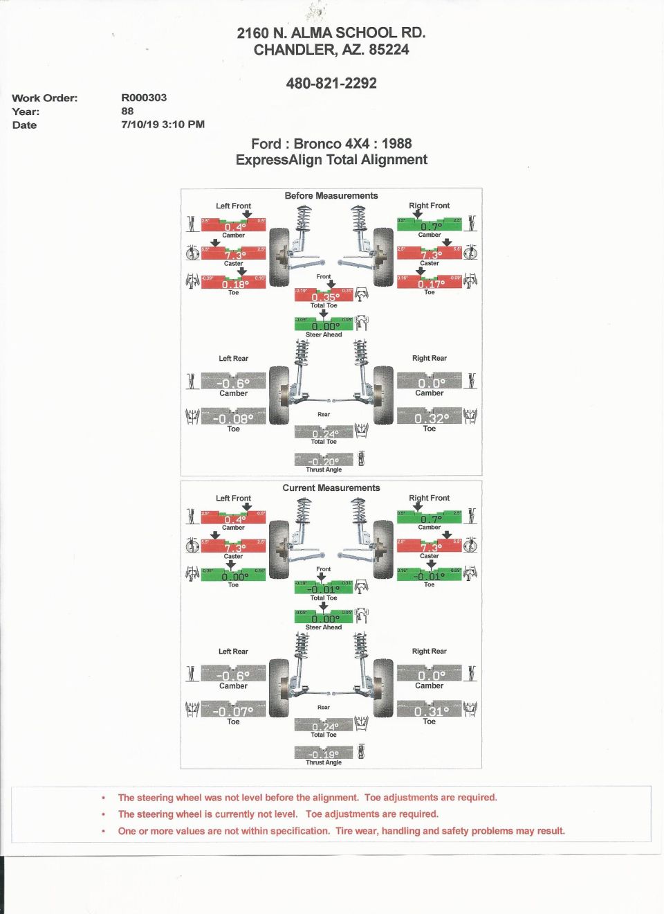 1988 Ford Bronco 4x4 ExpressAlign Total Alignment document showing before and after measurements
