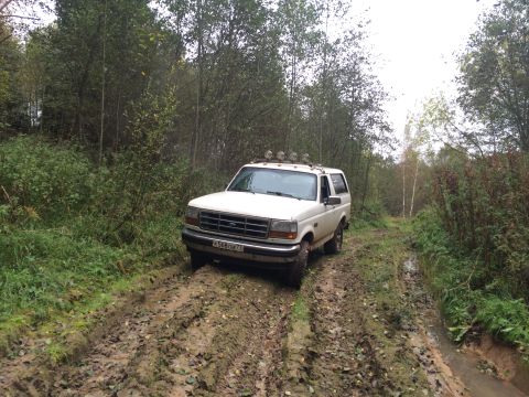 1993 Ford Bronco - A white 1992 Ford Bronco navigates a muddy path through a dense forest.