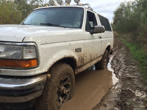 1993 Ford Bronco - This white 1993 Ford Bronco is stuck in a muddy puddle on a dirt path, with trees in the background.