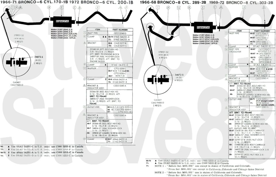'66-72 Bronco 6-cylinder and V8 exhaust system diagram with part number tables