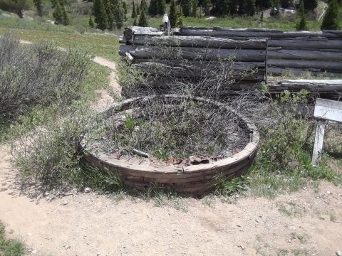 1999 Ford E250 - An old wooden structure overgrown with plants sits near a log building in a natural landscape.