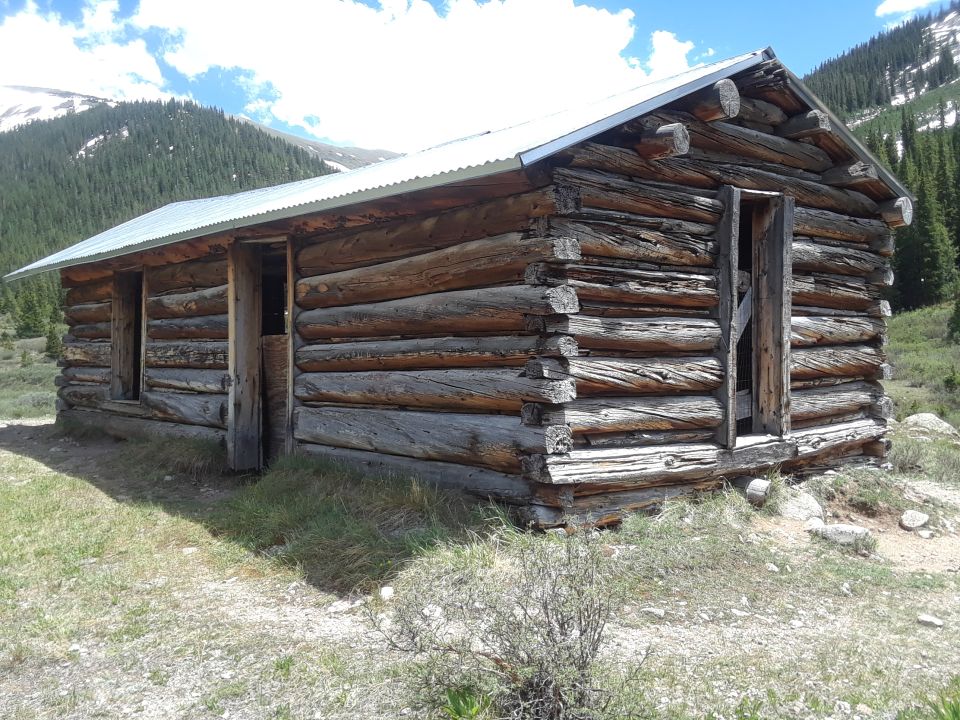 old log cabin with metal roof, mountains and trees in background