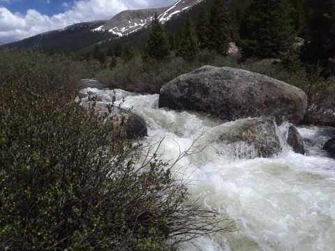 1999 Ford E250 - A rushing mountain stream flows over rocks, with evergreen trees and snow-dusted peaks visible under a cloudy sky.
