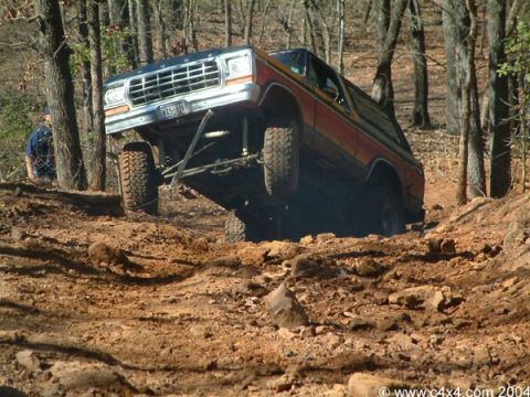 1979 Ford Bronco - This modified 1979 Ford Bronco navigates a challenging off-road course, demonstrating its suspension and traction capabilities.