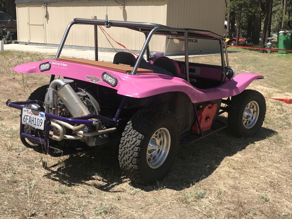 Pink custom dune buggy with roll cage and off-road tires, rear view.